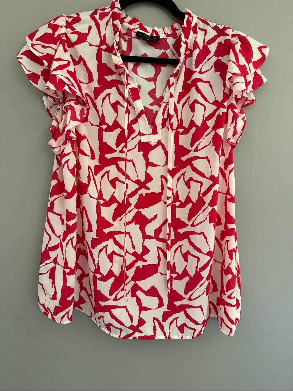 1. State Red & White Abstract Ruffle Sleeve Blouse